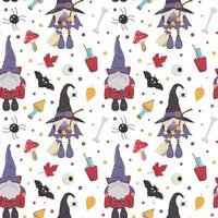 motif de personnages de gnome halloween dessin animé mignon. vampire dans un manteau, sorcière avec un balai, potions rouges et jaunes, amanite et autres. fond de vacances effrayant. vecteur