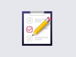 test de sondage grande icône réaliste sur. questionnaire documentaire avec stylo jaune et réponses cochez les commentaires des clients croisés et les tests obligatoires lors de l'application des informations sur l'emploi pour le vote vectoriel. vecteur