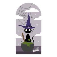 un joli chat noir portant un chapeau de sorcière remue une potion magique. parfait pour vos éléments de conception d'halloween. vecteur