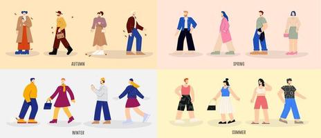 ensemble de personnages de dessins animés portant différents vêtements saisonniers automne, printemps, hiver et été vecteur