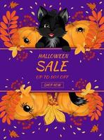 bannière de vente joyeux halloween. mignon chaton noir est assis sur une citrouille. vecteur