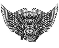 logo de moteur de moto vintage chromé avec ailes d'ange vecteur