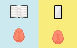 gyrus cérébral lors de la lecture d'un livre et de la visualisation du concept de smartphone. cerveau rose pompé étudiant un article intéressant et faible avec des hémisphères vides regardant les réseaux vectoriels sociaux en ligne. vecteur