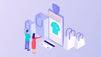 acheter des vêtements en ligne concept isométrique. acheter des vêtements modernes à la mode en utilisant le paiement des applications de boutique en ligne. vecteur