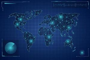 carte du monde techno. continents numériques avec méridiens de rayons et continents mondiaux futuristes de grille océanique.