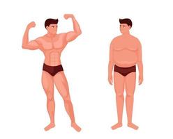 athlétique et gros homme. athlète musclé pose avec des muscles pompés et un gros gars triste avec un ventre flasque et des muscles vectoriels flasques vecteur