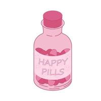 bouteille transparente rose dessin animé avec inscription happy pills isolé sur fond blanc vecteur