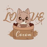 illustration de cacao d'amour d'écureuil mignon. personnage drôle animé tenant un cône de crème tout en étant assis dans un sac de haricots au chocolat. vecteur