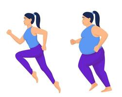 athlétique et grosse femme. une femme obèse complète en jogging se transforme en une dame de fitness élégante en surpoids lutte intense avec lui, entraînement constant formant une belle figure vectorielle de dessin animé vecteur