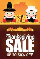 affiche de vente de thanksgiving avec un dépliant de réduction de 50% pour les vacances. drôles d'enfants en costumes de pèlerins vecteur