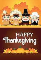 écorcheur d'affiches de joyeux thanksgiving pour les vacances. drôles d'enfants dans les costumes des Indiens d'Amérique et des pèlerins vecteur