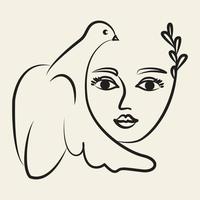 visage de femme avec un pigeon dans un style minimaliste abstrait moderne d'une ligne. symbole de paix. dessin simple en ligne noire continue. illustration de mode vectorielle vecteur