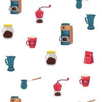 vecteur de cafetières dessinées à la main patten.différentes sortes de tasses à café, pots et cafetières, verres avec macarons, grains de café et chocolat.couleurs colorées et chaudes