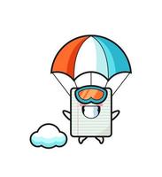 le dessin animé de la mascotte en papier fait du parachutisme avec un geste heureux vecteur