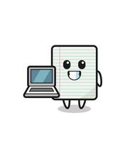 illustration de mascotte de papier avec un ordinateur portable vecteur
