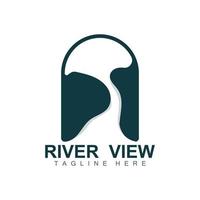 création de logo de rivière, vecteur de ruisseau de rivière, illustration au bord de la rivière avec une combinaison de montagnes et de nature, marque de produit