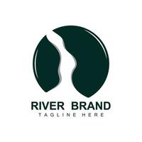 création de logo de rivière, vecteur de ruisseau de rivière, illustration au bord de la rivière avec une combinaison de montagnes et de nature, marque de produit