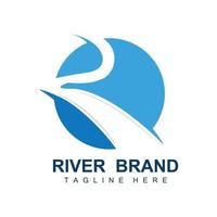 création de logo de rivière, vecteur de ruisseau de rivière, illustration au bord de la rivière avec une combinaison de montagnes et de nature, marque de produit