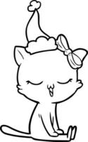 dessin au trait d'un chat avec un arc sur la tête portant un bonnet de noel vecteur