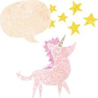 dessin animé licorne et bulle de dialogue dans un style texturé rétro vecteur