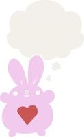 lapin de dessin animé mignon avec coeur d'amour et bulle de pensée dans un style rétro vecteur