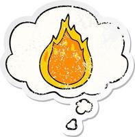 feu de dessin animé et bulle de pensée comme un autocollant usé en détresse vecteur