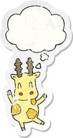 girafe de dessin animé mignon et bulle de pensée comme un autocollant usé en détresse vecteur