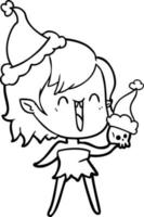 joli dessin au trait d'une fille vampire heureuse portant un bonnet de noel vecteur