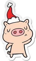 caricature d'autocollant d'un cochon de contenu portant un bonnet de noel vecteur