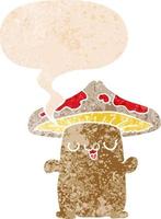 créature de champignon de dessin animé et bulle de dialogue dans un style texturé rétro vecteur