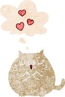 chat de dessin animé mignon amoureux et bulle de pensée dans un style texturé rétro vecteur