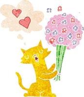 chat de dessin animé amoureux des fleurs et bulle de pensée dans un style texturé rétro vecteur