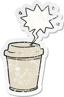 tasse de café à emporter de dessin animé et autocollant en détresse de bulle de dialogue vecteur