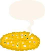 dessin animé double pizza au fromage et bulle de dialogue dans un style rétro vecteur