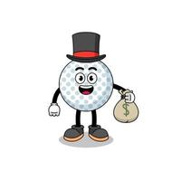 illustration de mascotte de balle de golf homme riche tenant un sac d'argent vecteur