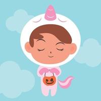 mignon personnage d'halloween plat enfants sur costume de licorne vecteur