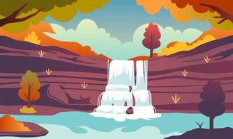 vecteur d'illustration panoramique de cascade d'automne. feuilles tombantes de fond avec scène de forêt