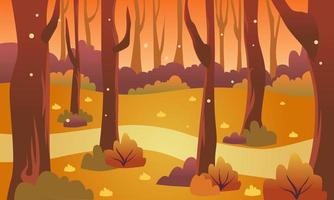 fond vectoriel d'illustration panoramique de la jungle d'automne. feuilles qui tombent avec un ciel orange