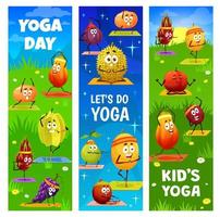 bannières de yoga et de fitness pour enfants avec des fruits de dessin animé vecteur