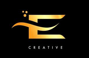 création de logo de lettre e doré avec élégant vecteur créatif swoosh et points