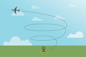 routes aériennes. icône de vecteur de voyage. Voyage à partir du point de départ et du tracé de la ligne pointillée. avion décolle de l'emplacement vers le ciel
