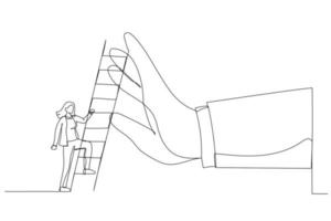 dessin d'une femme d'affaires ambitieuse sur le point de grimper à l'échelle pour surmonter la main géante qui l'arrête. métaphore pour surmonter l'obstacle, la barrière ou la difficulté de l'entreprise. style d'art en ligne continue unique vecteur