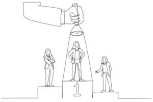 illustration d'une femme d'affaires sur le podium, l'une d'entre elles étant éclairée par une grande main du haut à l'aide d'une lampe de poche. style d'art en ligne unique vecteur