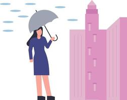 une fille est debout avec un parapluie sous la pluie battante. vecteur