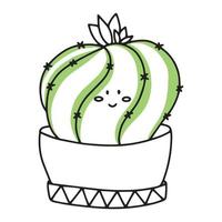 cactus mignon dans le style de griffonnages. cactus aux émotions kawaii. illustration vectorielle d'un cactus souriant heureux avec des pointes et des aiguilles. une plante dans un pot de fleurs. Icônes. vecteur