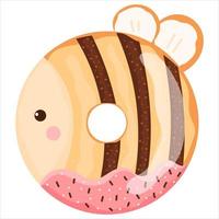 abeille mignonne avec beignet de visage avec glaçage rose et chocolat, bonbons savoureux pour les enfants dans un style enfantin de dessin animé vecteur