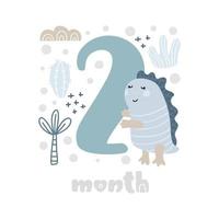 2 métriques de carte d'anniversaire de bébé garçon de deux mois. impression de douche de bébé avec dino animal mignon, fleurs et paume capturant tous les moments spéciaux. carte d'étape de bébé pour le nouveau-né vecteur