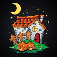 maison d'halloween et citrouille vecteur