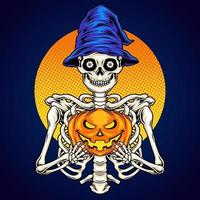 squelette tenant une citrouille halloween vecteur