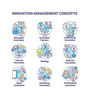 ensemble d'icônes de concept de gestion de l'innovation. création d'illustrations en couleur de ligne mince d'idée de démarrage. gestion des idées innovantes. symboles isolés. trait modifiable. vecteur